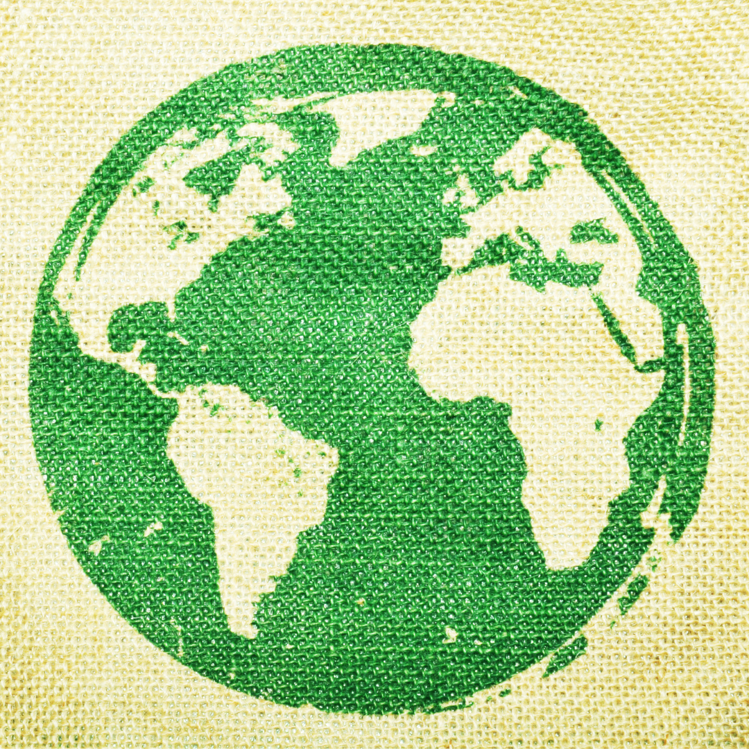 A print of the planet in green on a hessian fabric background